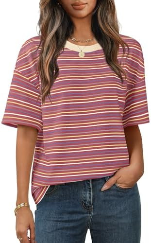 MEROKEETY Womens Summer Short Sleeve Casual Colourful Striped Tops | Amazon (US)