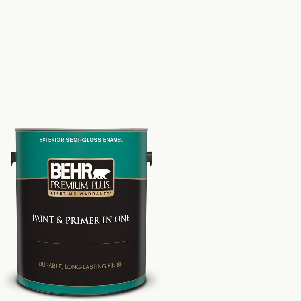 BEHR PREMIUM PLUS 1 gal. Ultra Pure White Semi-Gloss Enamel Exterior Paint and Primer in One-5050... | The Home Depot