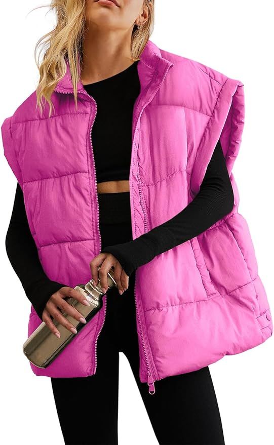 ReachMe Womens Oversized Puffer Vest Zip Up Bubble Vests Stand Collar Cap Sleeves Padded Jacket Q... | Amazon (US)