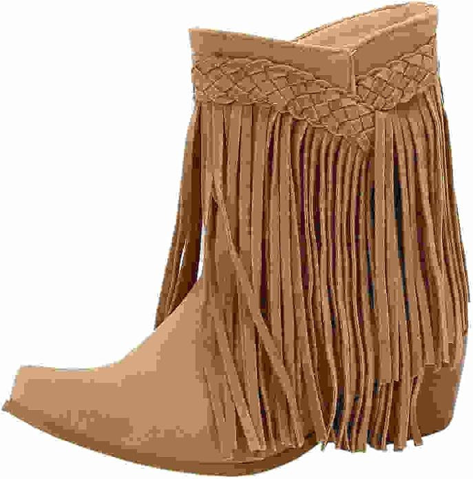 DINTAHA Fringe Boots Women Faux Suede Ankle Boots Stacked Chunky Heel Booties with Tassel | Amazon (US)