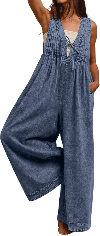 loveimgs Women Flowy Sleeveless Jean Jumpsuit Wide Leg Overalls Baggy Pleated Ruffle Tank Romper ... | Amazon (US)