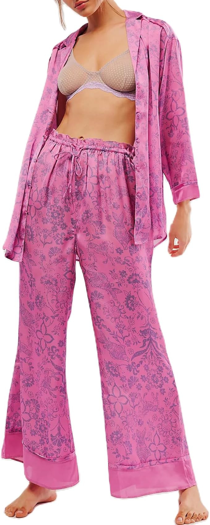 Women Satin Pajama Set Floral Silk Pajamas 2 Piece Lounge Sets Button Down Shirts Wide Leg Pants ... | Amazon (US)