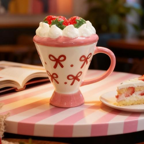 DIF DECO Christmas Coffee Mug with Lid, 8 OZ Ceramic Cute Pink Strawberry Cake Shape Unique Xmas Kawaii Cup with Handle for Tea & Coffee Lovers, Gifts for Girls or Women-Dishwasher Safe(250ml) | Amazon (US)