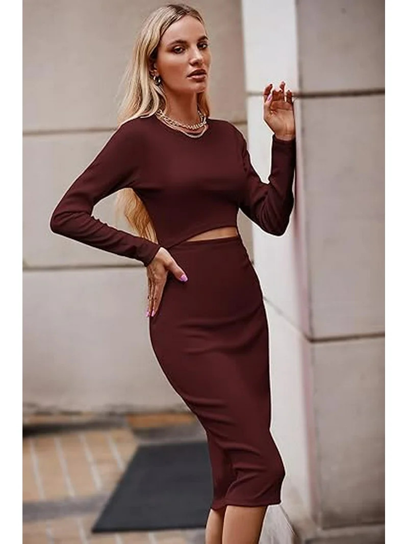 PRETTYGARDEN Women's Long Sleeve Midi Bodycon Dresses Casual Crewneck Cut Out Ribbed Knit Fitted ... | Walmart (US)