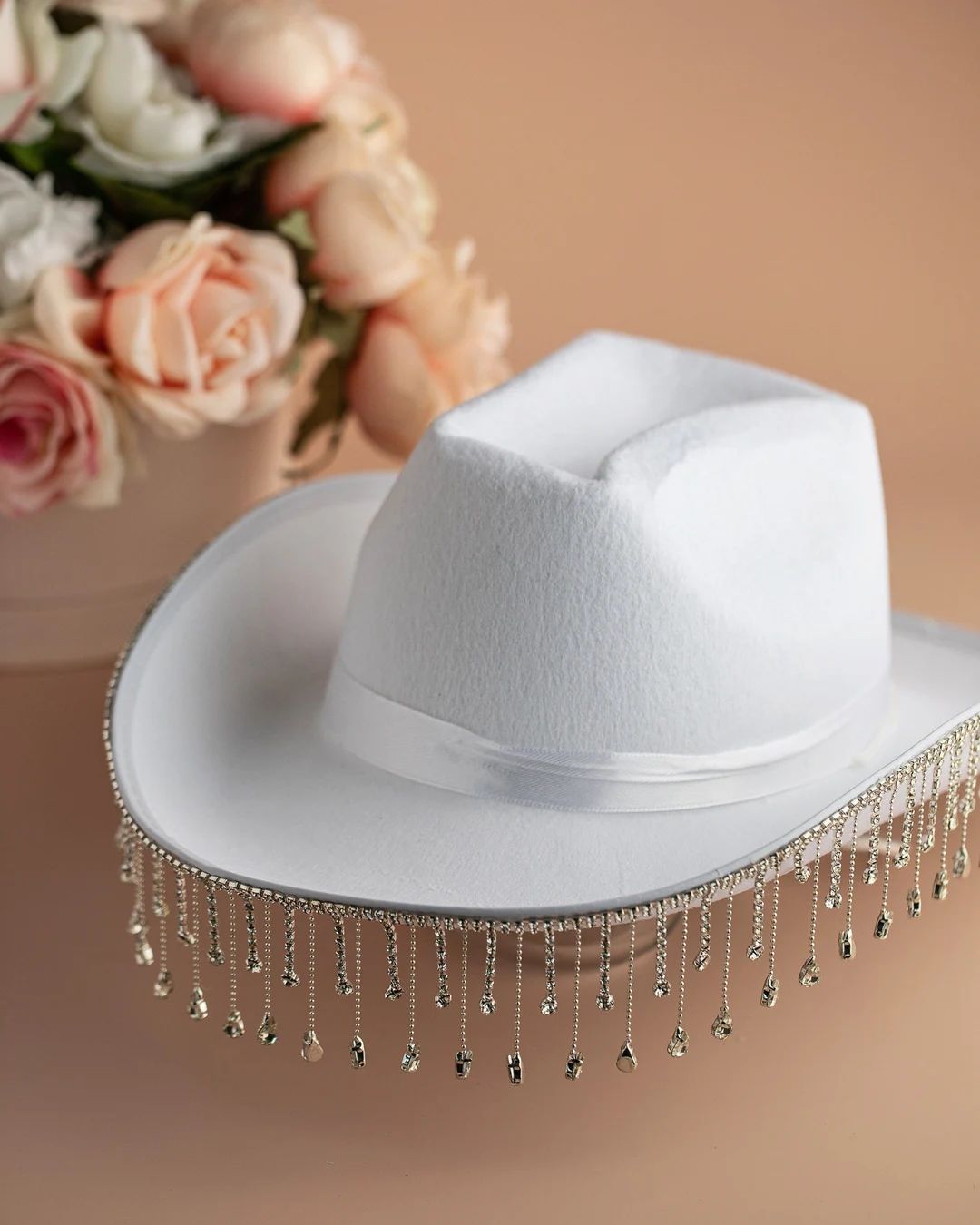Bride Hat, Bridal Shower Hat, Cowboy Wedding, White Bride Hat With Diamond Fringe KJ Inspired Cow... | Etsy (US)