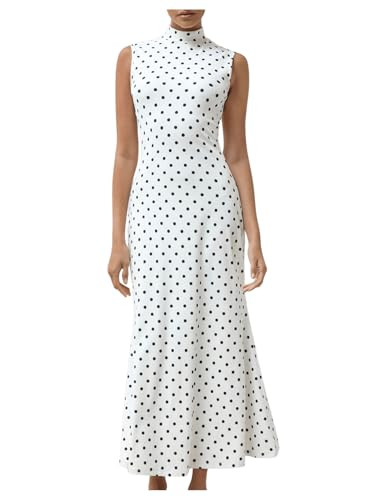 Milumia Women's Polka Dots Maxi Tank Dress Vintage Mock Neck Sleeveless Elegant Long Dresses Black and White Large | Amazon (US)