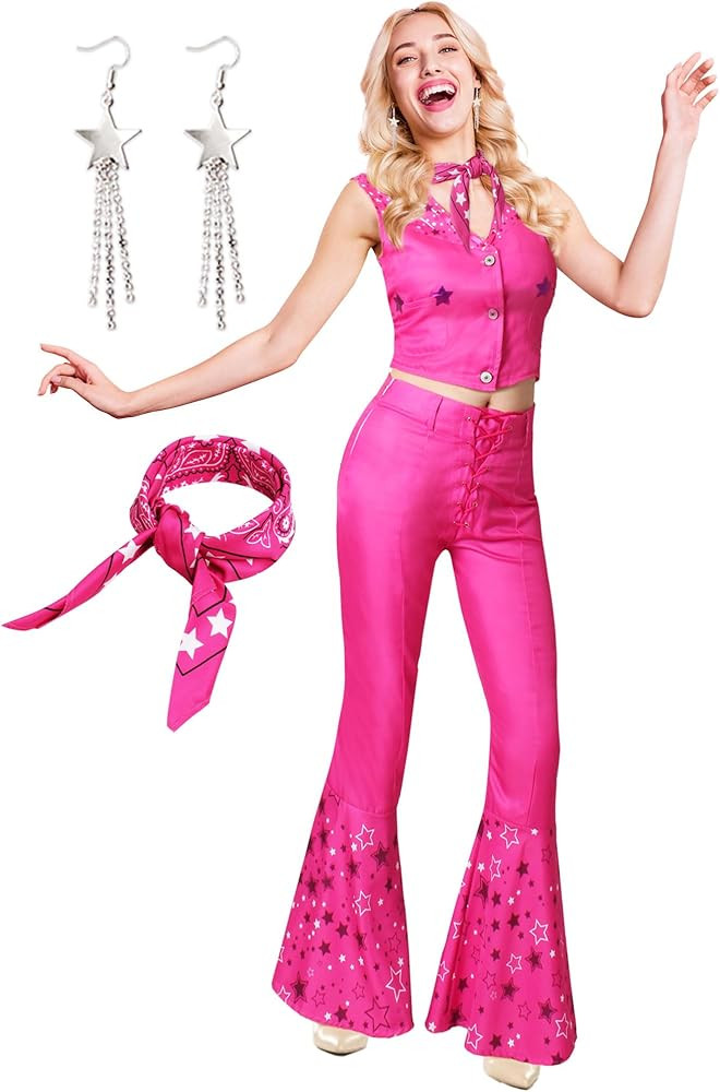 WISHTEN Pink Cowgirl Costume for Women,70s 80s Hippie Disco Outfits for Women, Halloween Cosplay ... | Amazon (US)