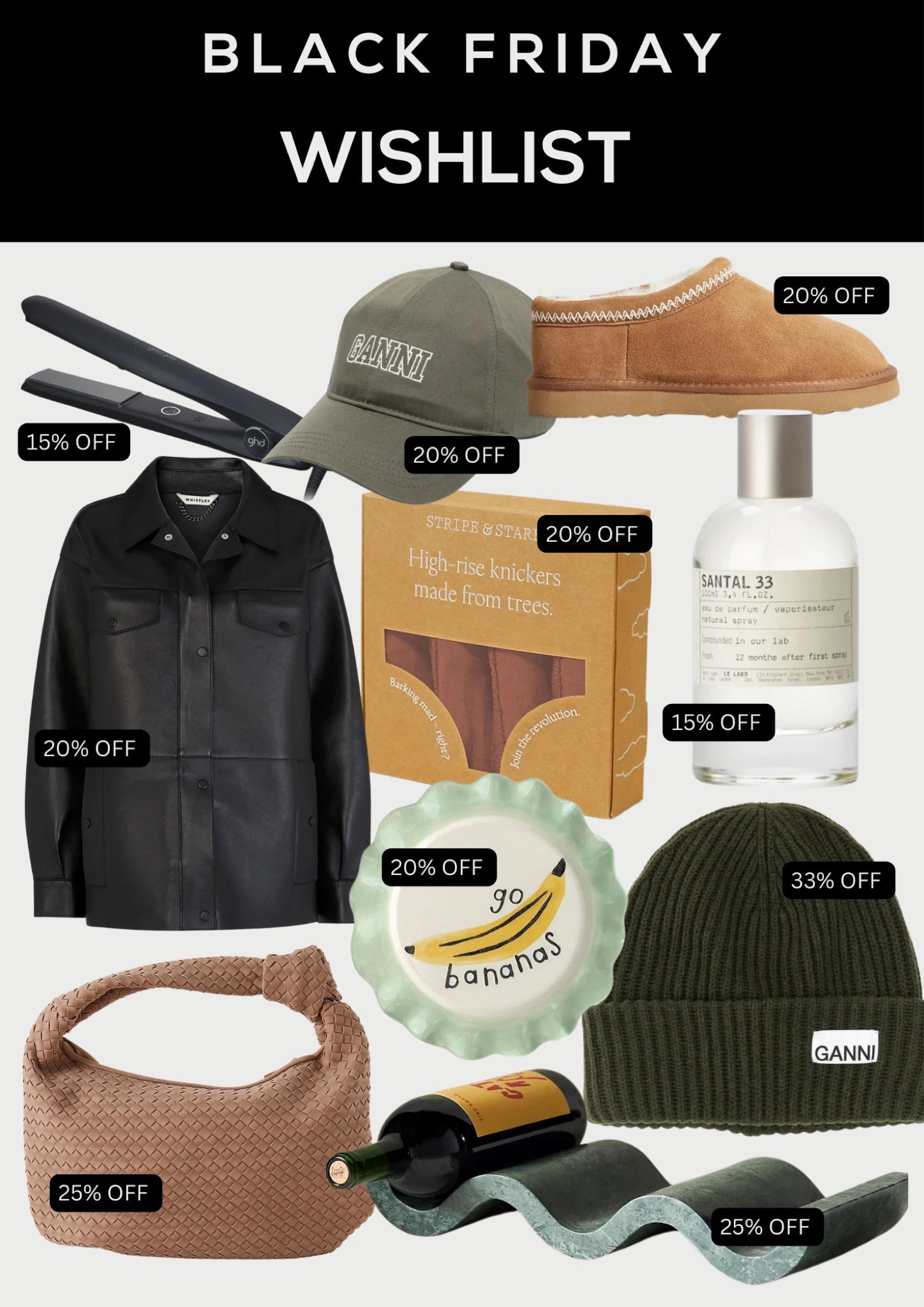 My 2023 Black Friday Wishlist 
Black Friday deals. Cyber week. Wishlist. Gift guide. Ganni hat. Ganni cap. Ganni beanie. GHD hair straighteners. Stripe and Stare underwear. Le Labo fragrance. Perfume. Anthropologie bag. Wine bottle holder. Leather jacket. Whistles. Home.

#LTKCyberWeek #LTKCyberSaleUK #LTKGiftGuide