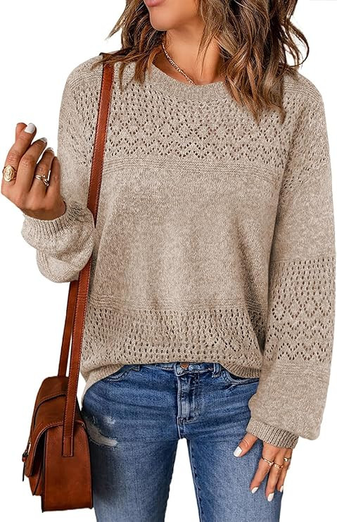 Lylinan Womens Sweaters Casual Boho Long Sleeve Shirts Crewneck Lightweight Crochet Tops Pullover... | Amazon (US)