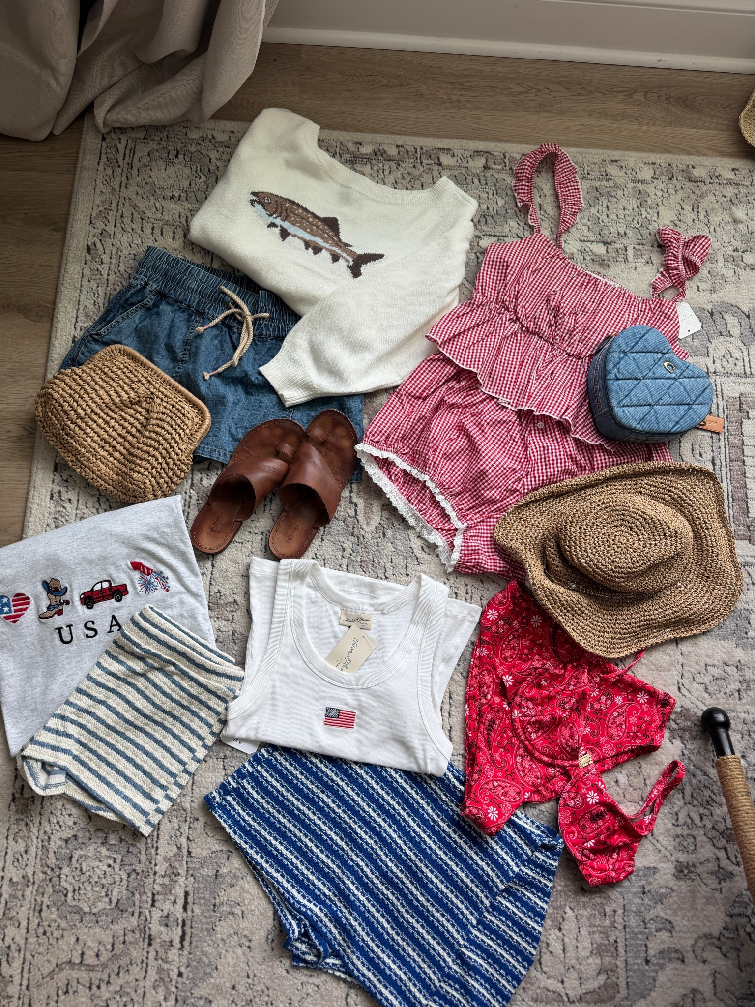 Linking what I can the gingham set, USA tee and little strip shorts are altars state 
The blue skirt is Zara 

#LTKFindsUnder100 #LTKStyleTip #LTKSeasonal