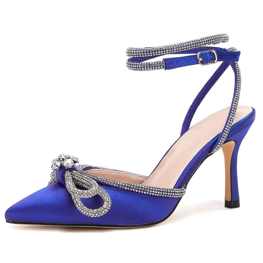 TINSTREE TINSTREE Women's Double Bow Pointed Toe Ankle Strap Crystal Pumps Wedding Bridal Party S... | SHEIN