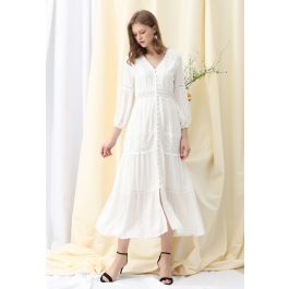 Button Down Crochet Embroidered Boho Maxi Dress in White | Chicwish