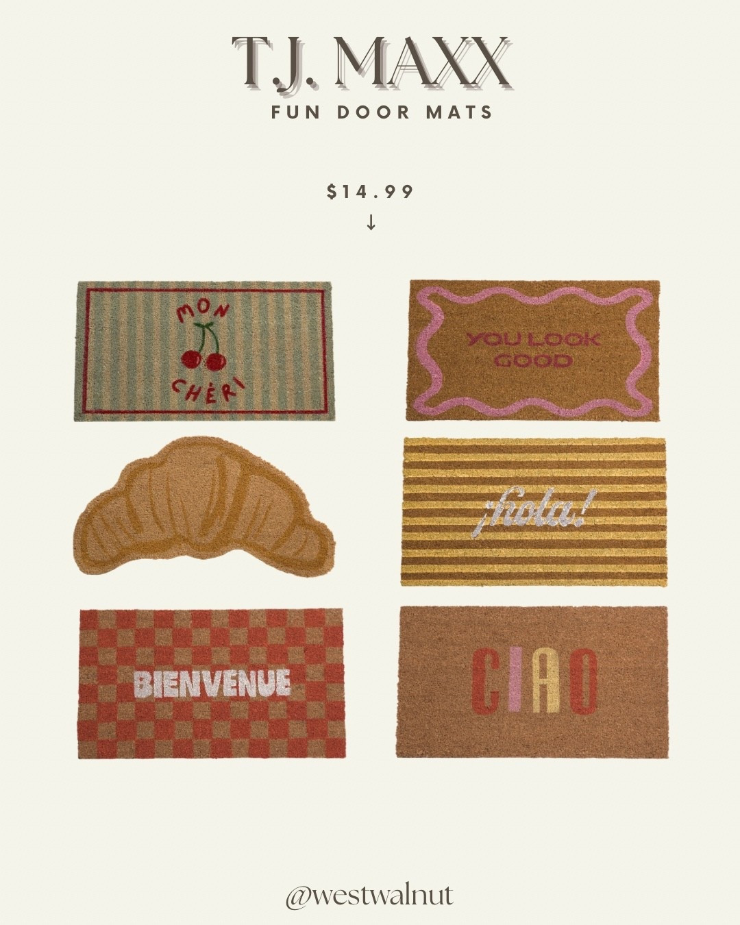 I scoured T.J. Maxx for the best affordable home finds so you don’t have to! These throw door mats are so fun for spring. They would transition beautifully into summer too! They’re all priced supper cheap ($14.99) and would add so much character to your front door area. 

#doormats #homedecor #affordabledecor @tjmaxx 

#LTKHome