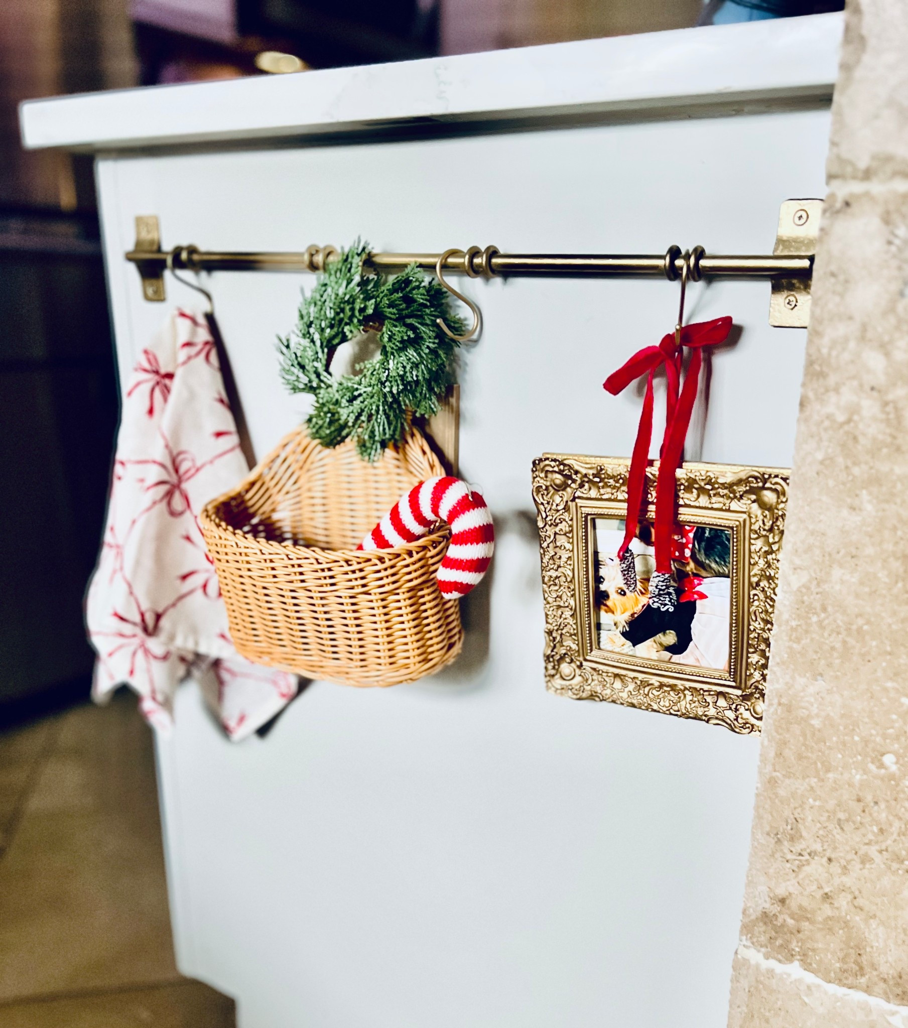 Gold rail with hooks 
Christmas kitchen decor 
Christmas styling 

#LTKHome #LTKHoliday #LTKSeasonal