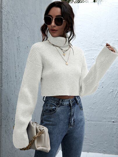 SHEIN Rolled Neck Drop Shoulder Crop Sweater | SHEIN