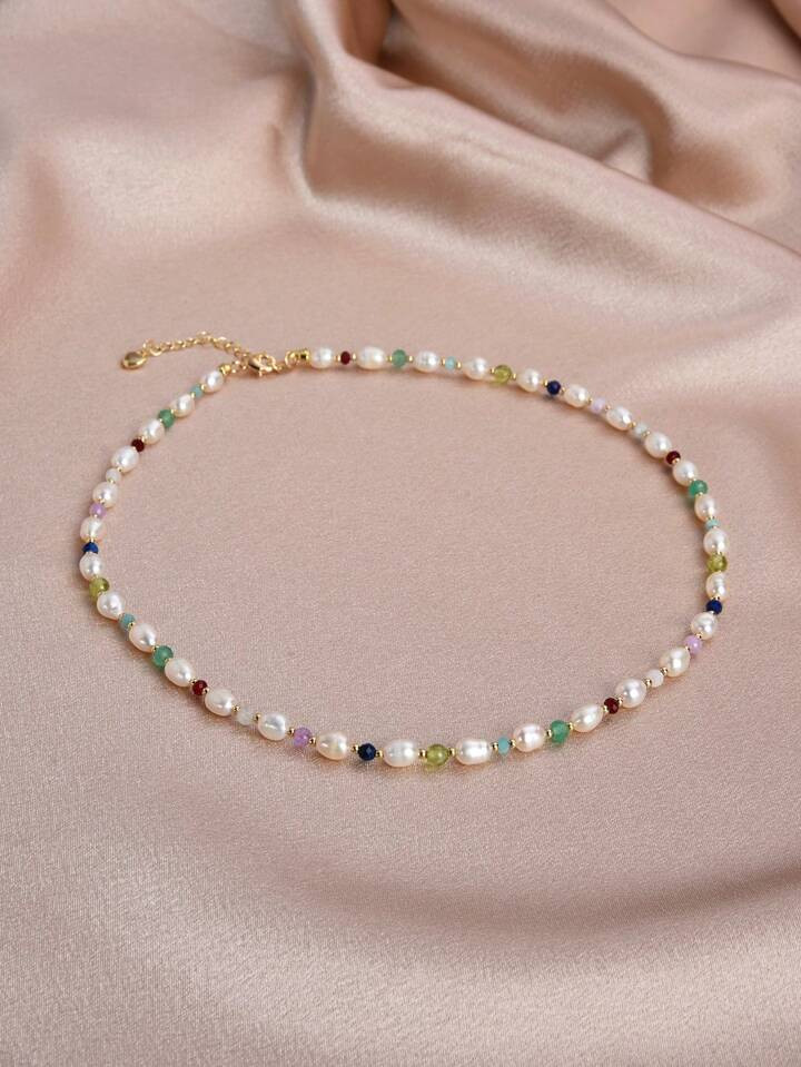 1pc 14k Gold Plated Fashionable Necklace For Women With Natural Pearl, Rice-Shaped Bead And Color... | SHEIN