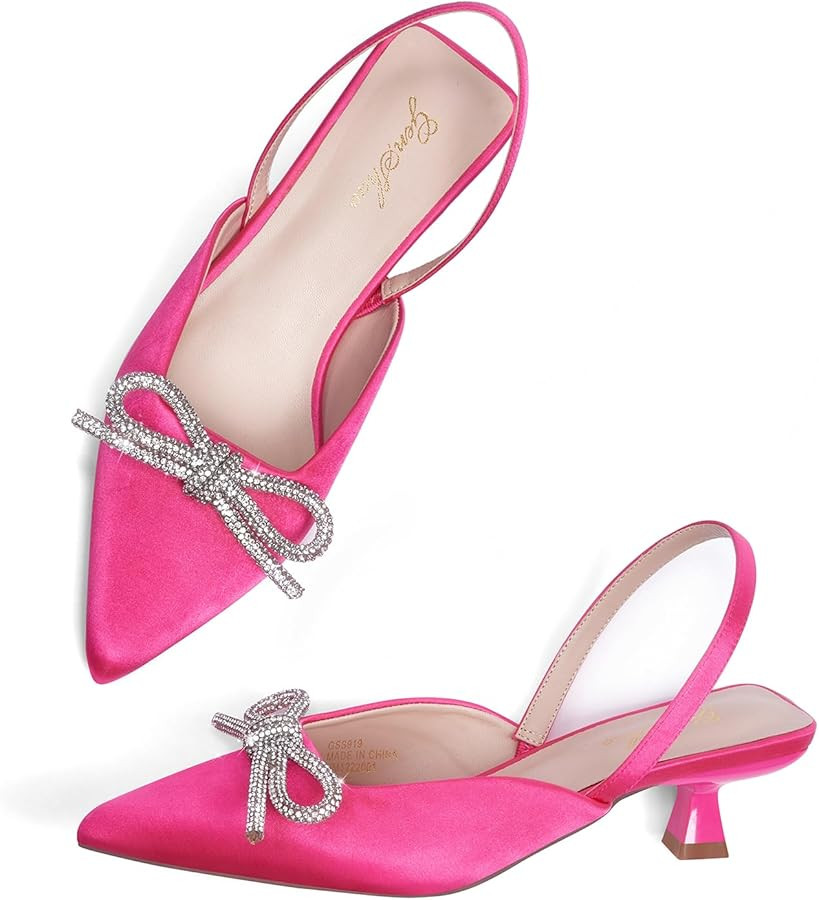 GENSHUO Slingback Rhinestone Bow Heels for Women Closed Pointed Toe Kitten Pumps Slip On Stiletto... | Amazon (US)