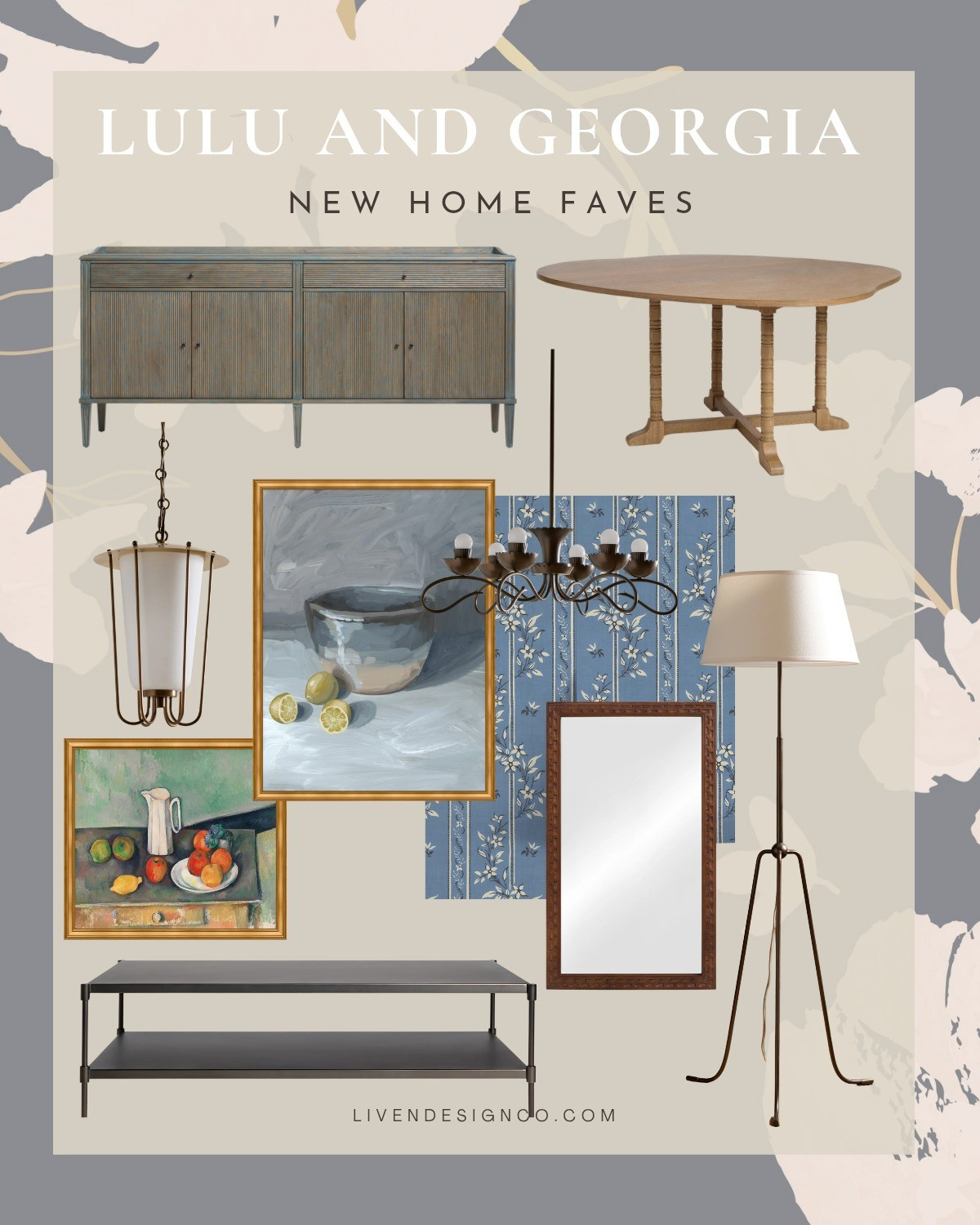 Lulu and Georgia home decor. Heidi Caillier. Sideboard. Dining table. Timeless style. Still life fruit painting. Floor lamp. Wall accent mirror. Pendant. Chandelier. Coffee table. Floral wallpaper 

#LTKSeasonal #LTKHome #LTKSaleAlert