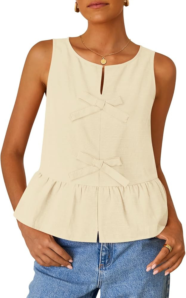 ZESICA Women's Summer Sleeveless Peplum Tank Tops 2026 Tie Front Crewneck Loose Flowy Ruffle Baby... | Amazon (US)