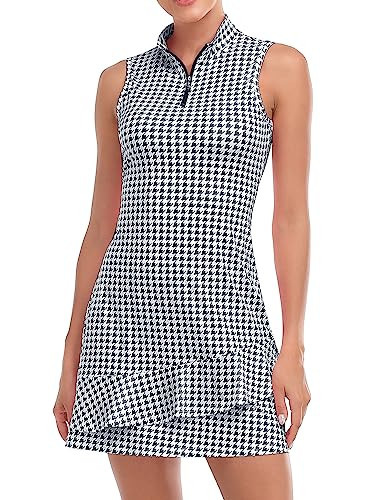 Viracy Tennis Dress for Women Golf Dresses with Inner Shorts Pockets Golf Outfits Zip Up Lightweight Quick Dry Exercising Dress Black Houndstooth- Large | Amazon (US)