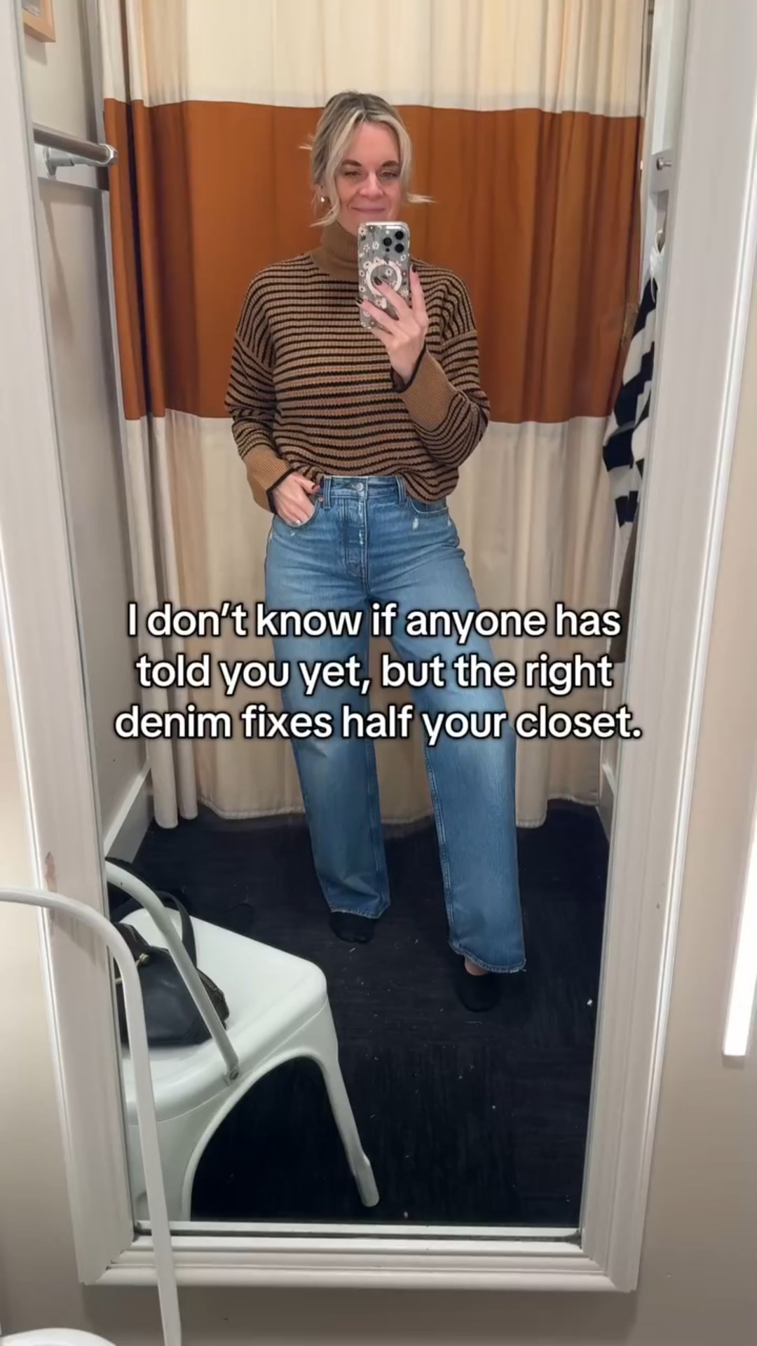 It sounds dramatic, but it’s true — the right denim changes everything. When your jeans fit well, suddenly your sweaters, tees, blazers, and jackets all start working together. 

Here’s what makes denim “right”: 
✨ A rise that’s comfortable and flattering on your body 
✨ A leg shape that balances your proportions 
✨ A wash that works with most of your tops 
✨ A length that hits exactly where it should (hemming matters!) 

Once denim is dialed in, getting dressed stops feeling like a puzzle and starts feeling easy — because half your outfits are already built. 

If you’ve never loved your jeans, our team can help you find the ones that finally work for you.✨