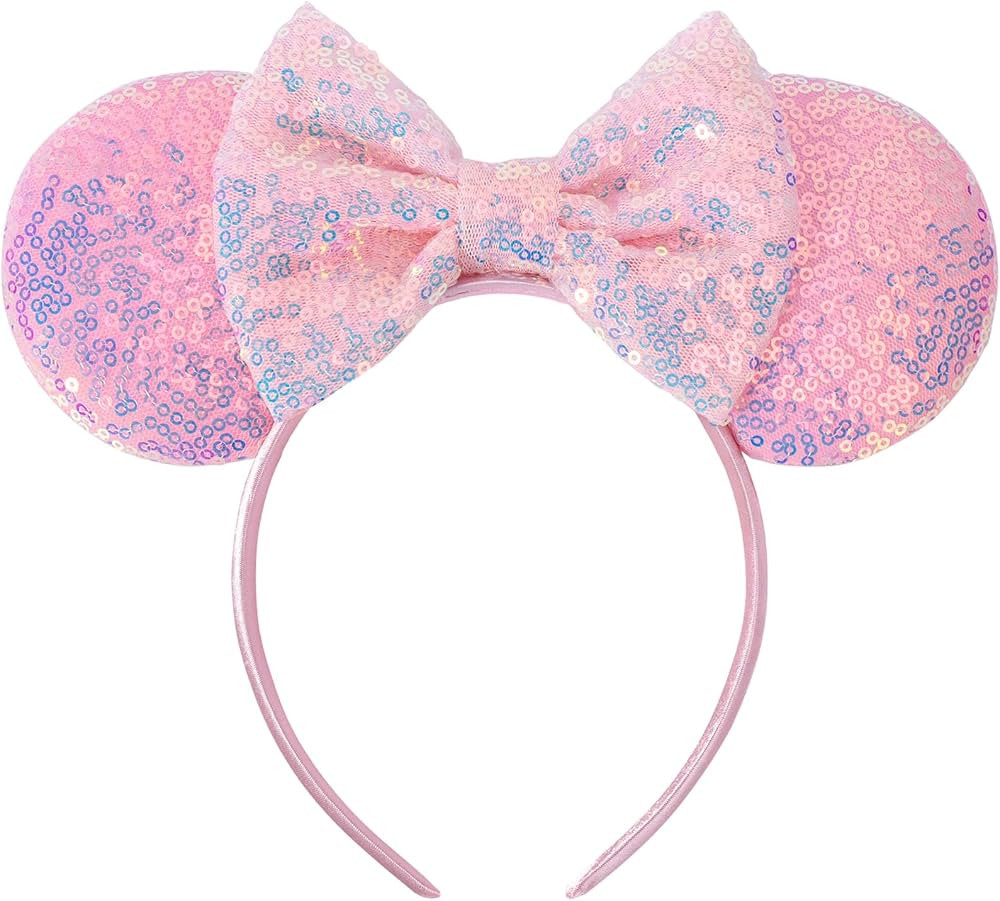 Pink Mouse Ears Headband,Glitter Pink Ears Sequin Headband for Women Adult Kids Parks Ears for Tr... | Amazon (US)