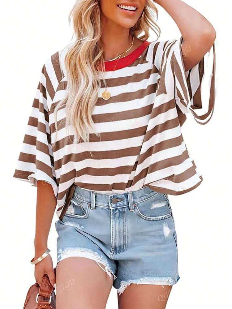 Casual Minimalist Striped Pattern Round Neck Short Sleeve Loose Women's T-Shirt, Suitable For Summer, Oversized T Shirt | SHEIN