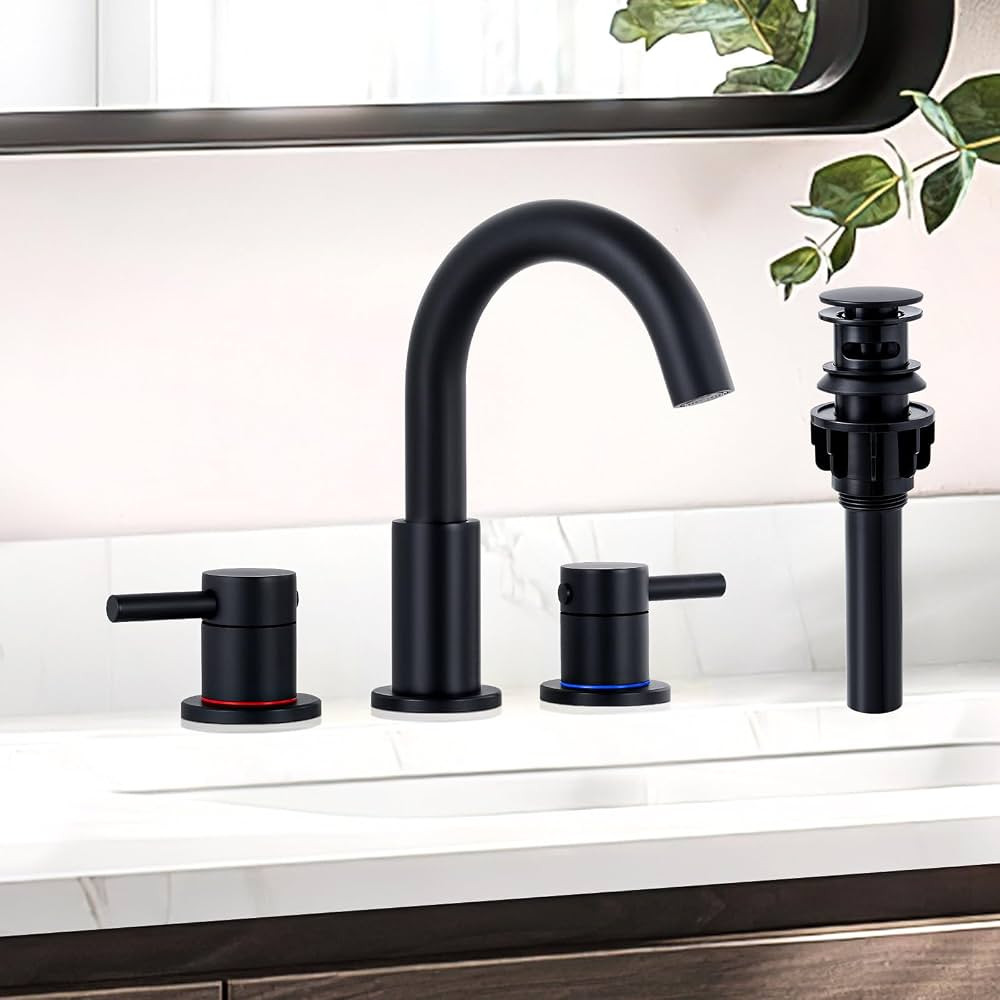 Matte Black Bathroom Faucet 3 Hole, 8 inch Widespread Bathroom Faucet with Pop Up Drain, Bathroom... | Amazon (US)