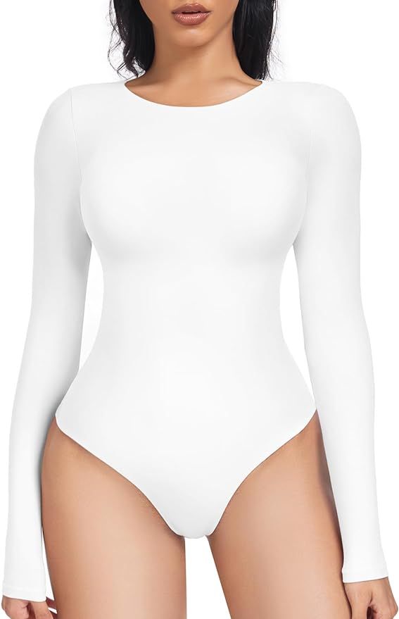 Women's Crew Neck Long Sleeve Shapewear Bodysuit - Double Layer Sexy Thong Body Suit Tops | Amazon (US)