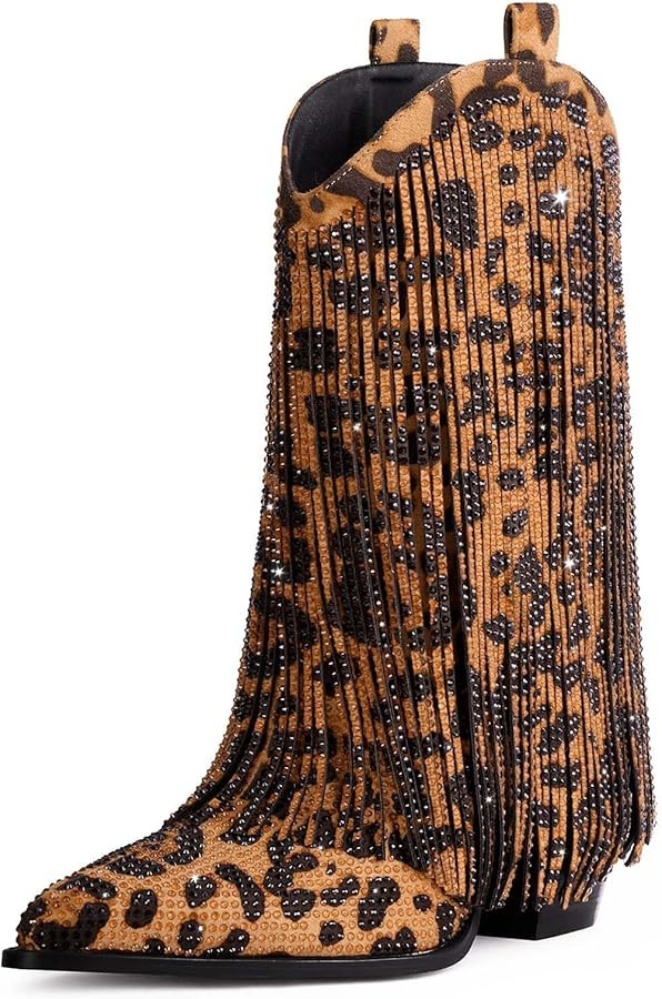 Ouepiano Cowboy Boots for Women - Cowgirl Rhinestone Boots with Sparkly Fringe Pointed Toe Wester... | Amazon (US)