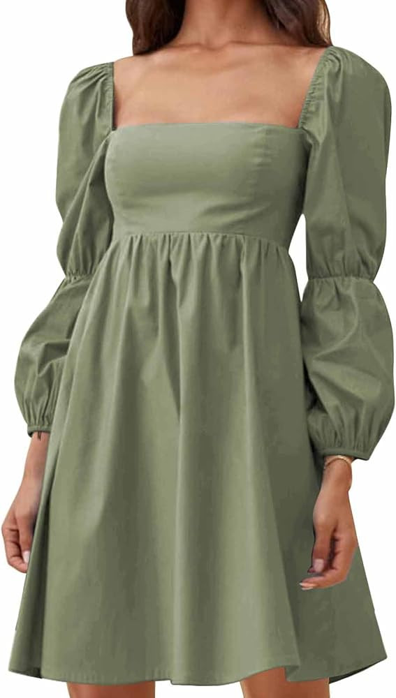 EXLURA Womens Square Neck Dress Long Puff Sleeve A-Line Casual Short Mini Dresses | Amazon (US)