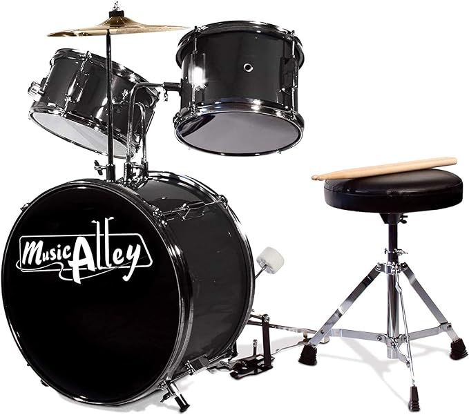 Music Alley 3 Piece Kids Drum Set with Throne, Cymbal, Pedal & Drumsticks, Metallic Black, (DBJK0... | Amazon (US)
