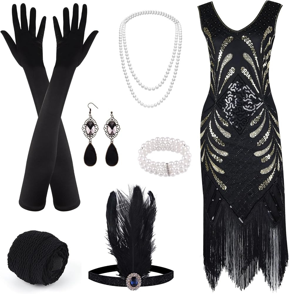 ELECLAND 1920s V Neck Sequin Dress with 20s Accessories Set for Women | Amazon (US)