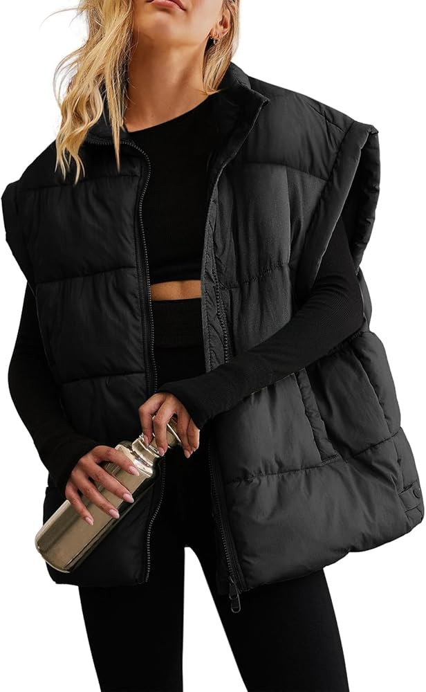 ReachMe Womens Oversized Puffer Vests Stand Collar Puffy Vest Tops Cap Sleeve Quilted Jacket Wint... | Amazon (US)