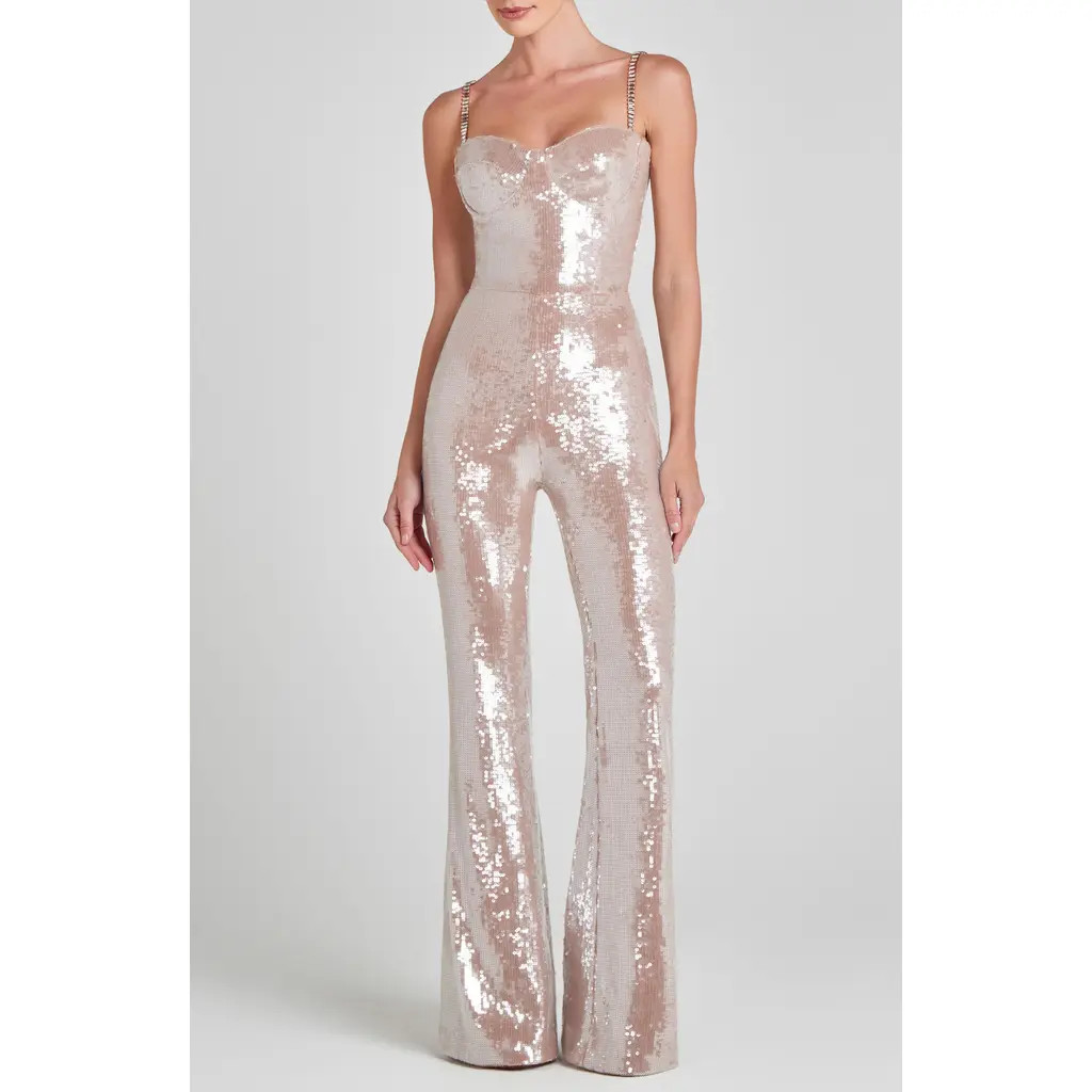 NADINE MERABI Lucinda Sequin Sleeveless Flare Jumpsuit in Light Nude at Nordstrom, Size 4 | Nordstrom