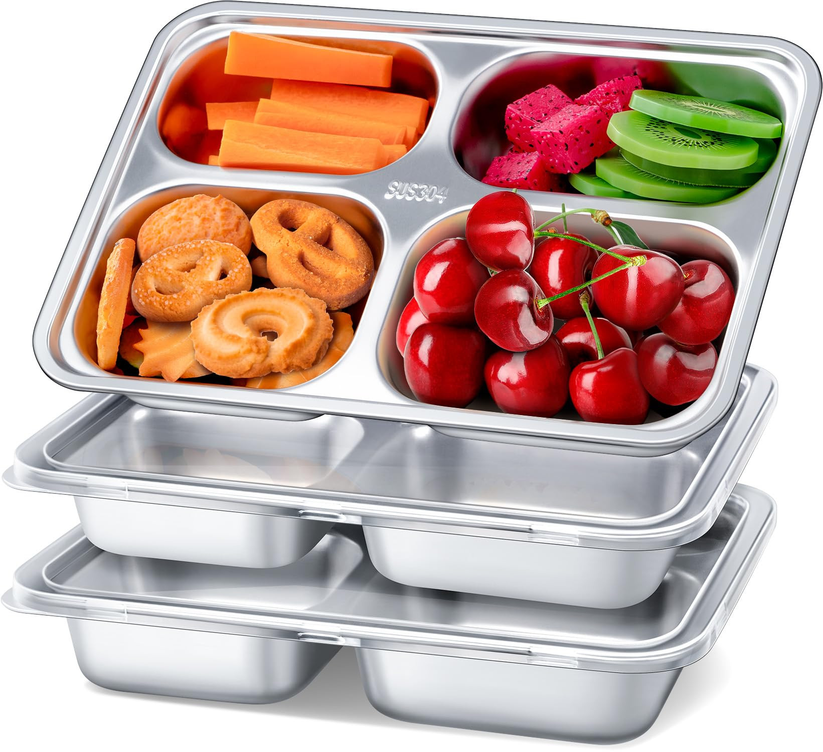 Stainless Steel Snack Containers with Lids - 3 Pack - 4 Compartments Bento Snack Boxes - Reusable... | Amazon (US)