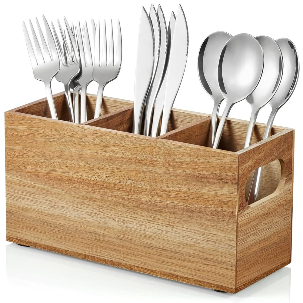 DRASTAR Silverware Holder, Acacia Wooden Utensil Caddy, Silverware Organizer Countertop, Cutlery ... | Amazon (US)