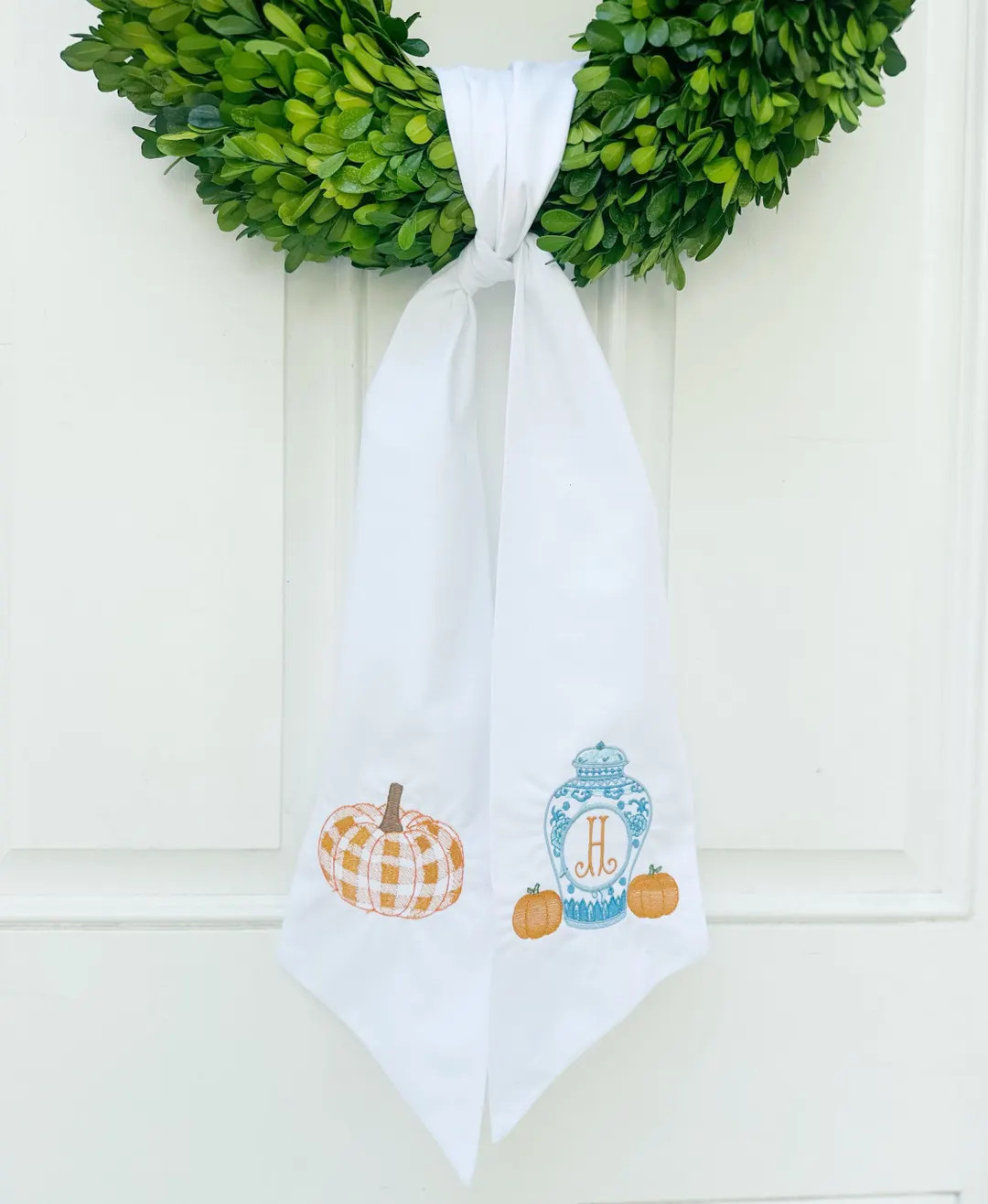 Fall Chinoiserie Monogram Pumpkin Wreath Sash - Etsy | Etsy (US)