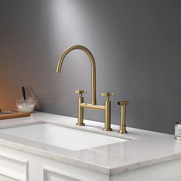 FB1005CP025G 3 Holes Two Handle Bridge Kitchen Sink Faucet With Pull Down Sprayer | Wayfair North America