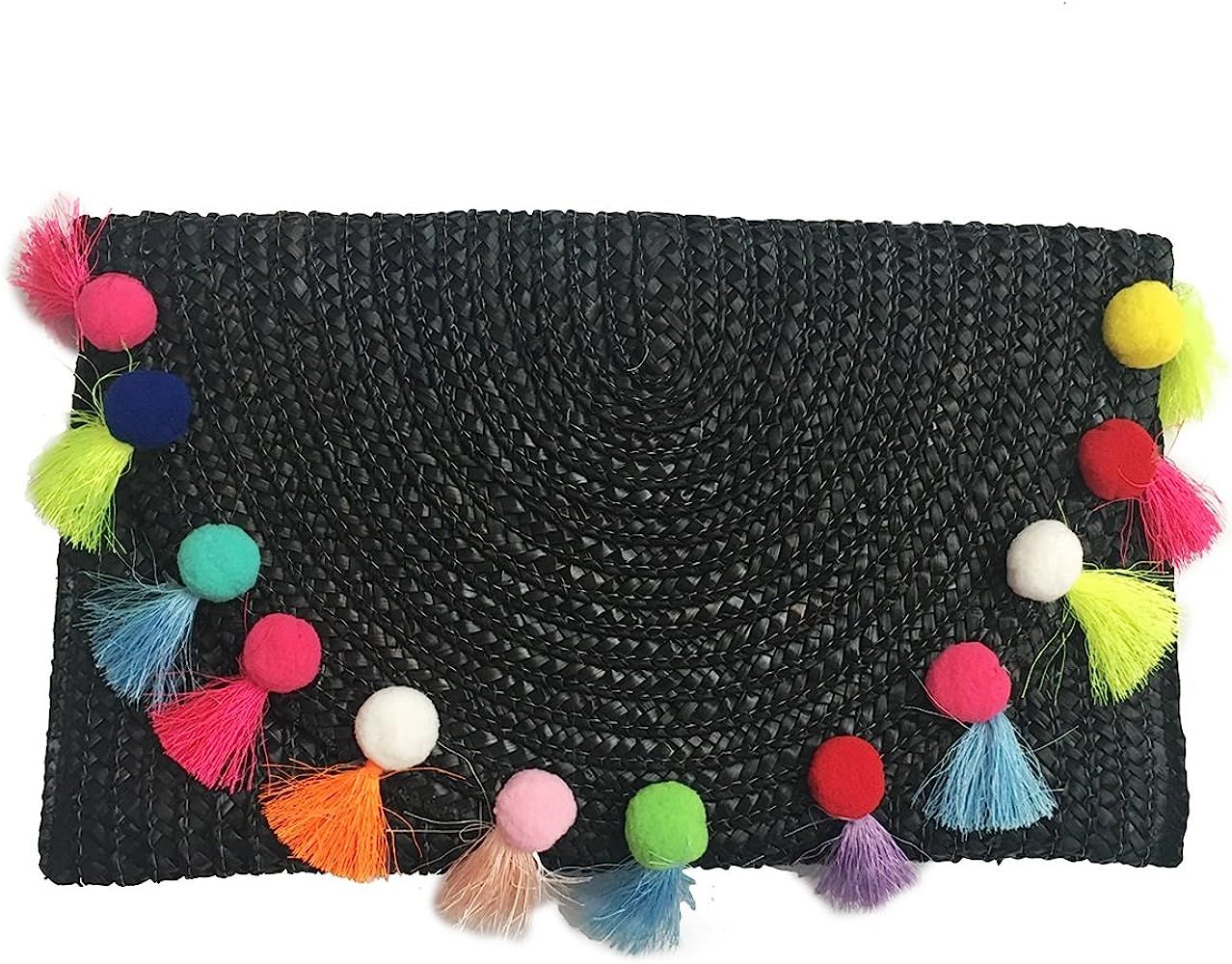 Straw Pom Pom and Tassel Clutch - Colorful Summer Bag | Amazon (US)