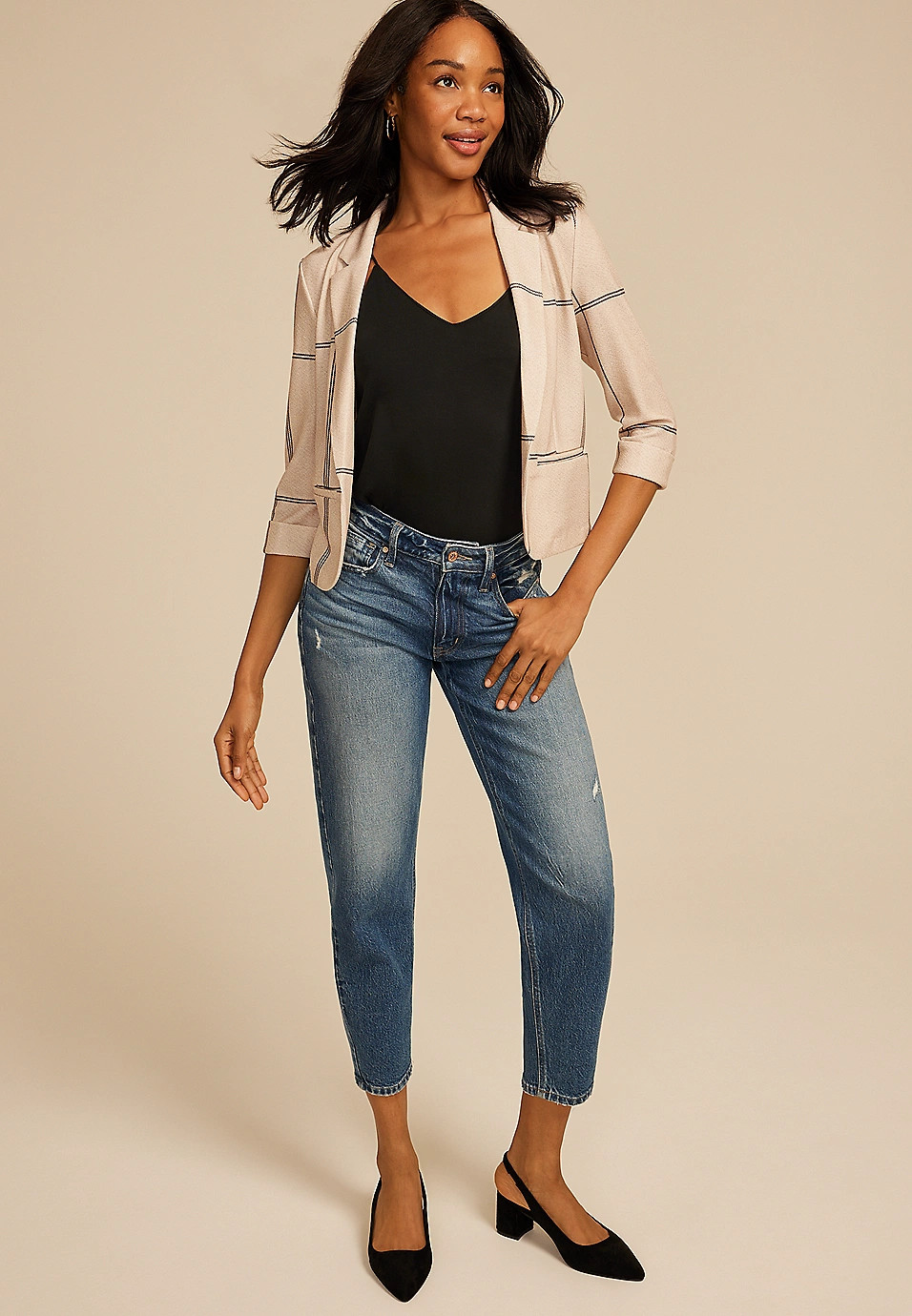 Windowpane Plaid Versa Open Front Cropped Blazer | Maurices