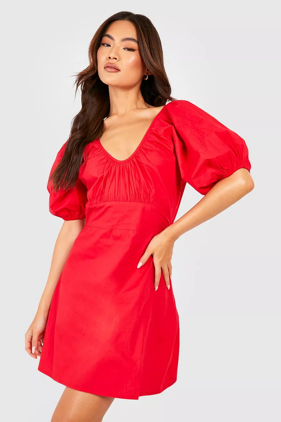 Cotton Poplin Puff Sleeve Scoop Mini Dress | boohoo (US & Canada)