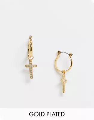 ASOS DESIGN 12mm hoops earrings with crosses and Swarovski crystals in 14k gold plate | ASOS (Global)