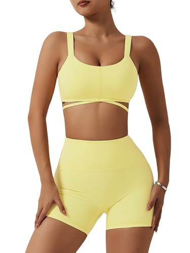 ABOCIW Workout Sets for Women Strappy Sports Bra High Waist Workout Shorts 2 Piece Gym Set Fitness Yoga Outfits Y-Yellow Medium | Amazon (US)