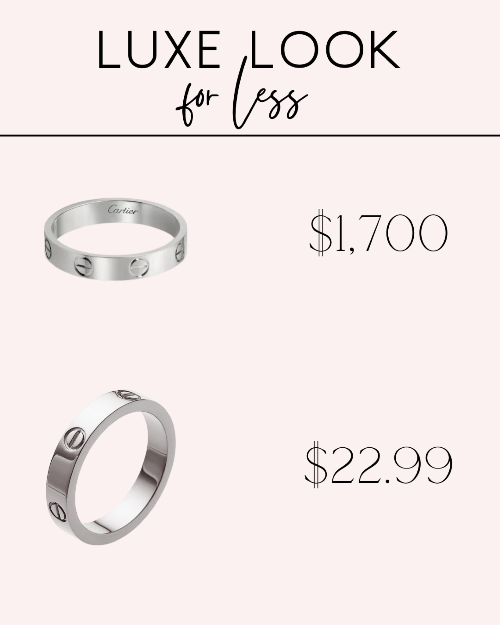 look for less, save vs splurge, Cartier dupe, Cartier look for less, luxe look for less, Cartier ring dupe, designer dupe, luxury gift guide

#LTKstyletip #LTKfindsunder50 #LTKGiftGuide