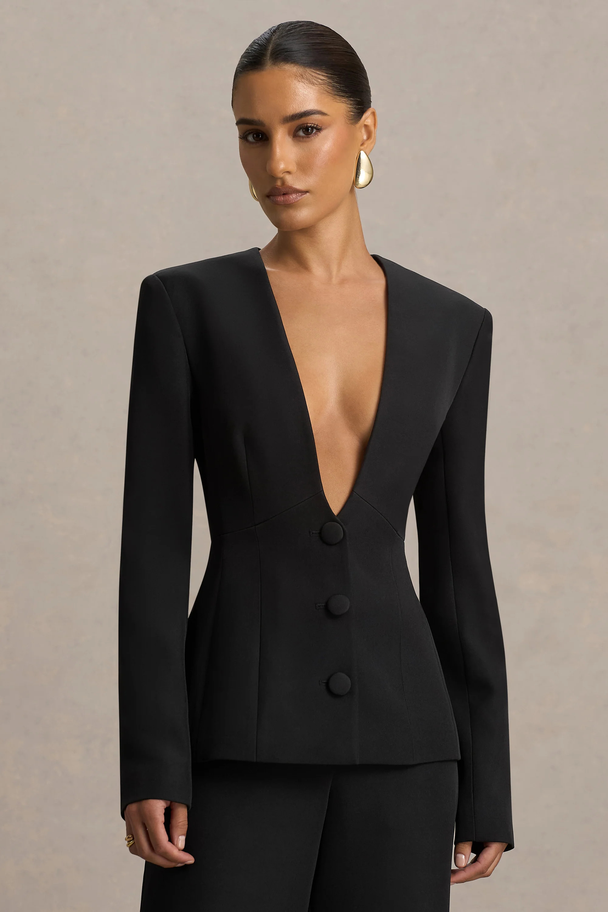 Rosalina | Black Extreme-Plunge Neck Tailored Blazer | Club L London