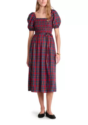 Women's Smocked Puff Sleeve Plaid Midi Dress | Belk