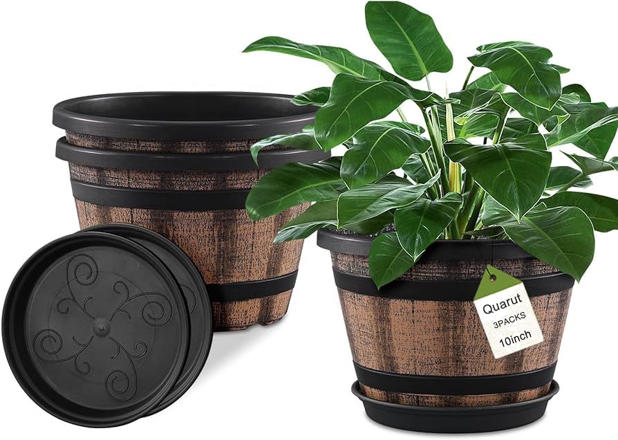 Quarut 3 Pack 10 inch Plant Pots,Whiskey Barrel Planters with Drainage Holes & Saucer, Plastic De... | Amazon (US)