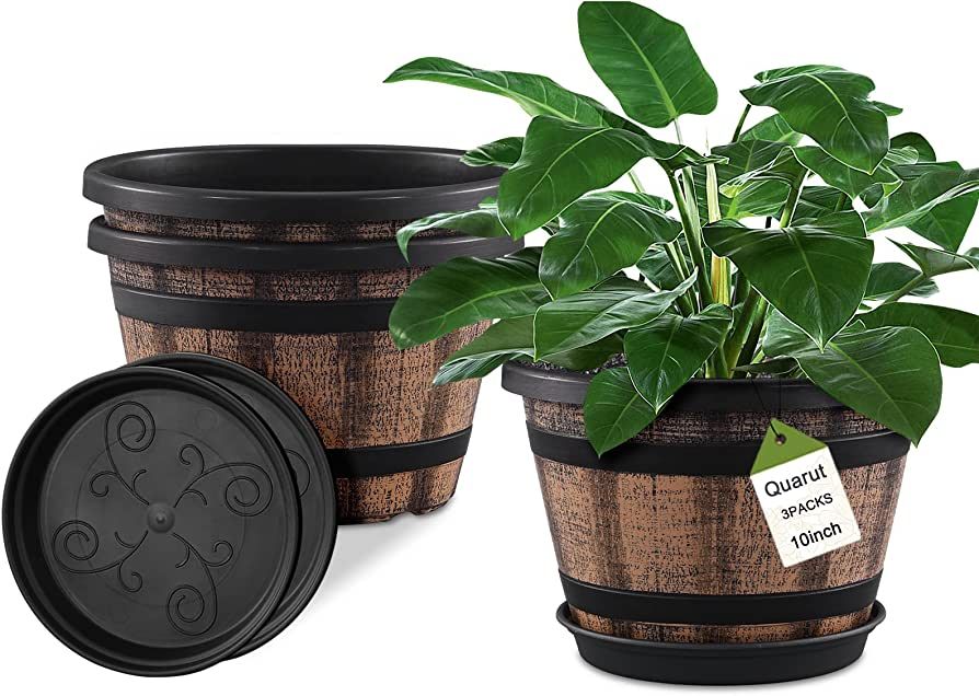 Quarut 3 Pack 10 inch Plant Pots,Whiskey Barrel Planters with Drainage Holes & Saucer, Plastic De... | Amazon (US)