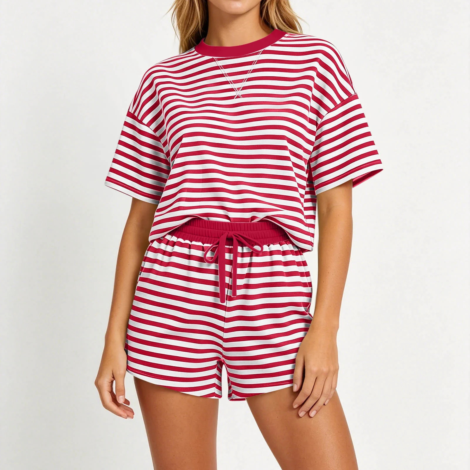Binmer Women's Striped 2 Piece Outfit, Short Sleeve T-Shirt and Drawstring Shorts Loungewear Set ... | Walmart (US)